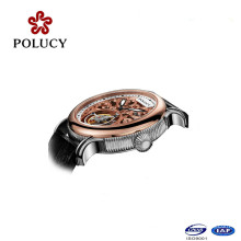 Reloj de pulsera mecánico de cuero negro clásico Tourbillion para hombre mecánico